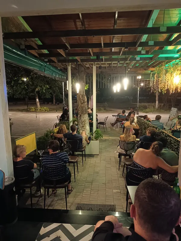 The terrace under the pergola at night